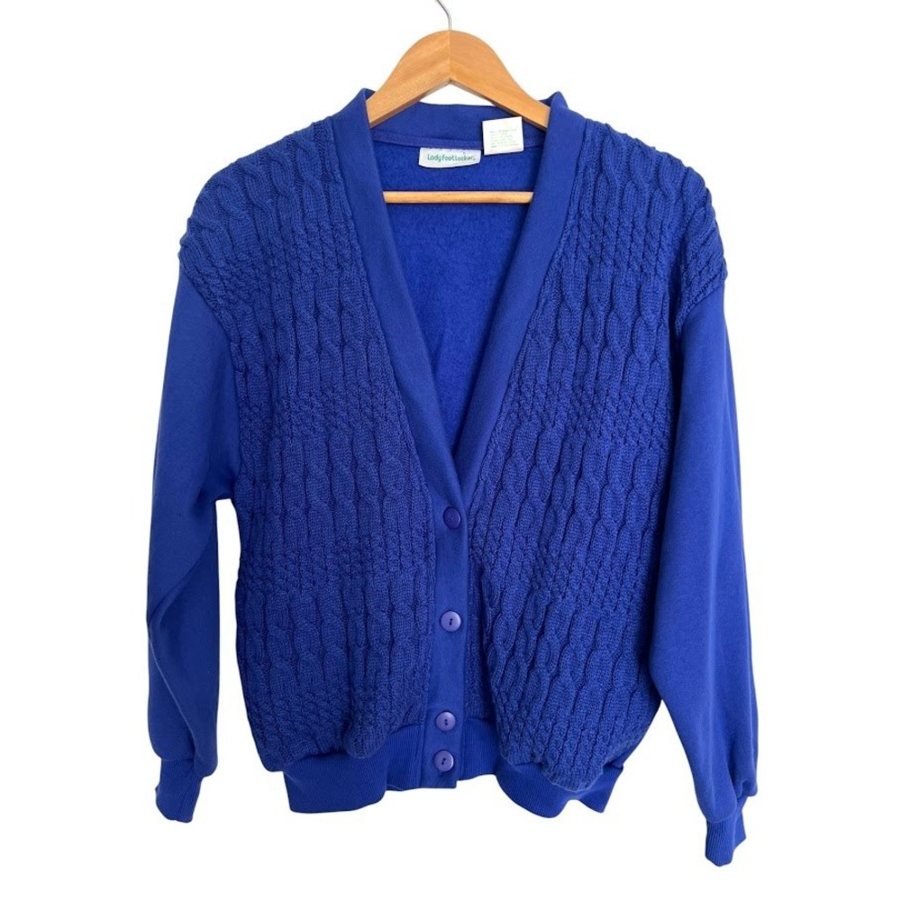 Lady Foot Locker Vintage 80s Cardigan Blue Cable Knit Sweatshirt Womens L pocket